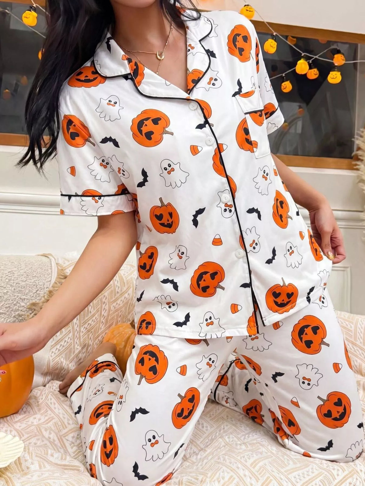 Pumpkin Print Button-Down Lounge Set