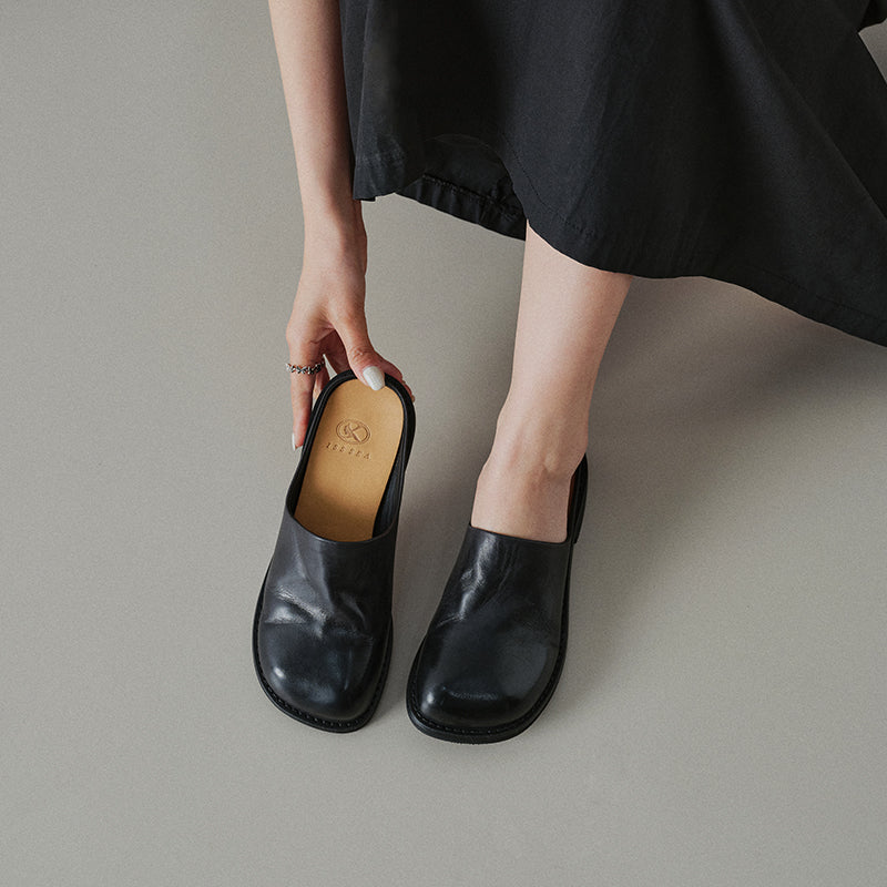 Women's Washed Cowhide Leather Mule Slides | Retro Round-Toe Block Heel Backless Shoes