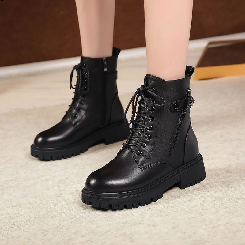 Women's British-Style Fleece-Lined Chunky Heel Boots | Warm Insulated Lace-Up Winter Boots