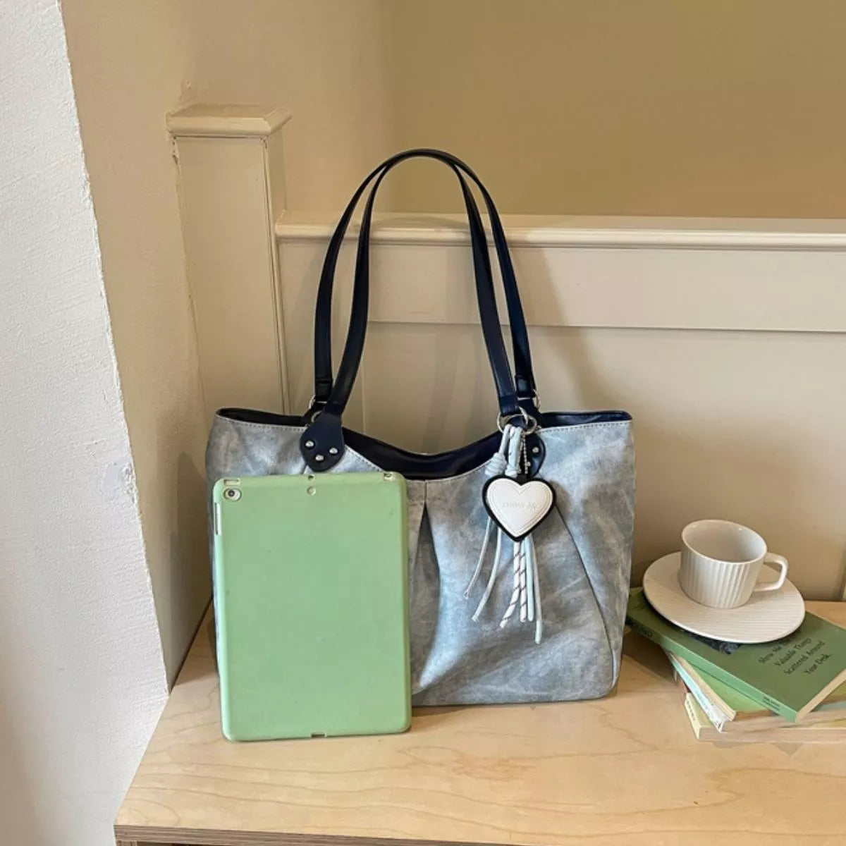Pastel Blue Ruched PU Leather Shoulder Bag