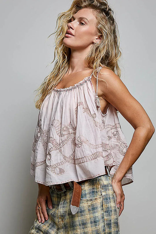 Another view: POL Tassel Shoulder Tie Embroidered Sleeveless Woven Top