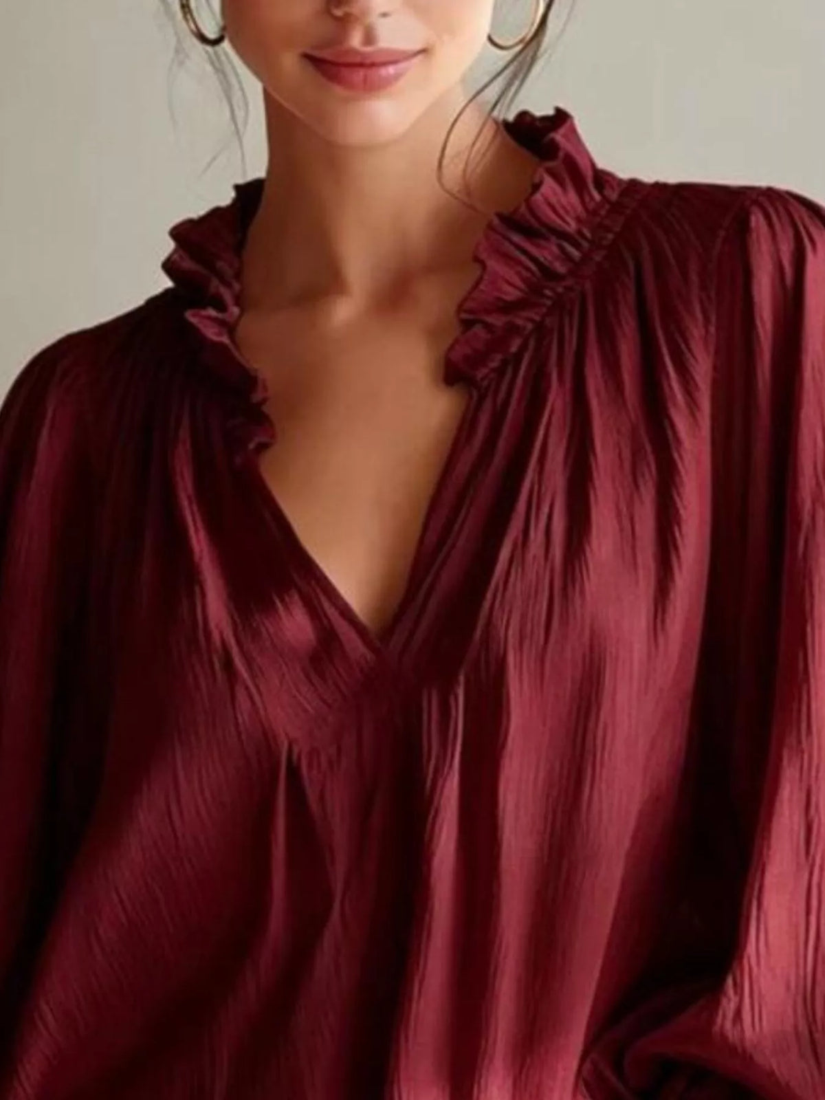 Frill-Trim Notched Long-Sleeve Blouse