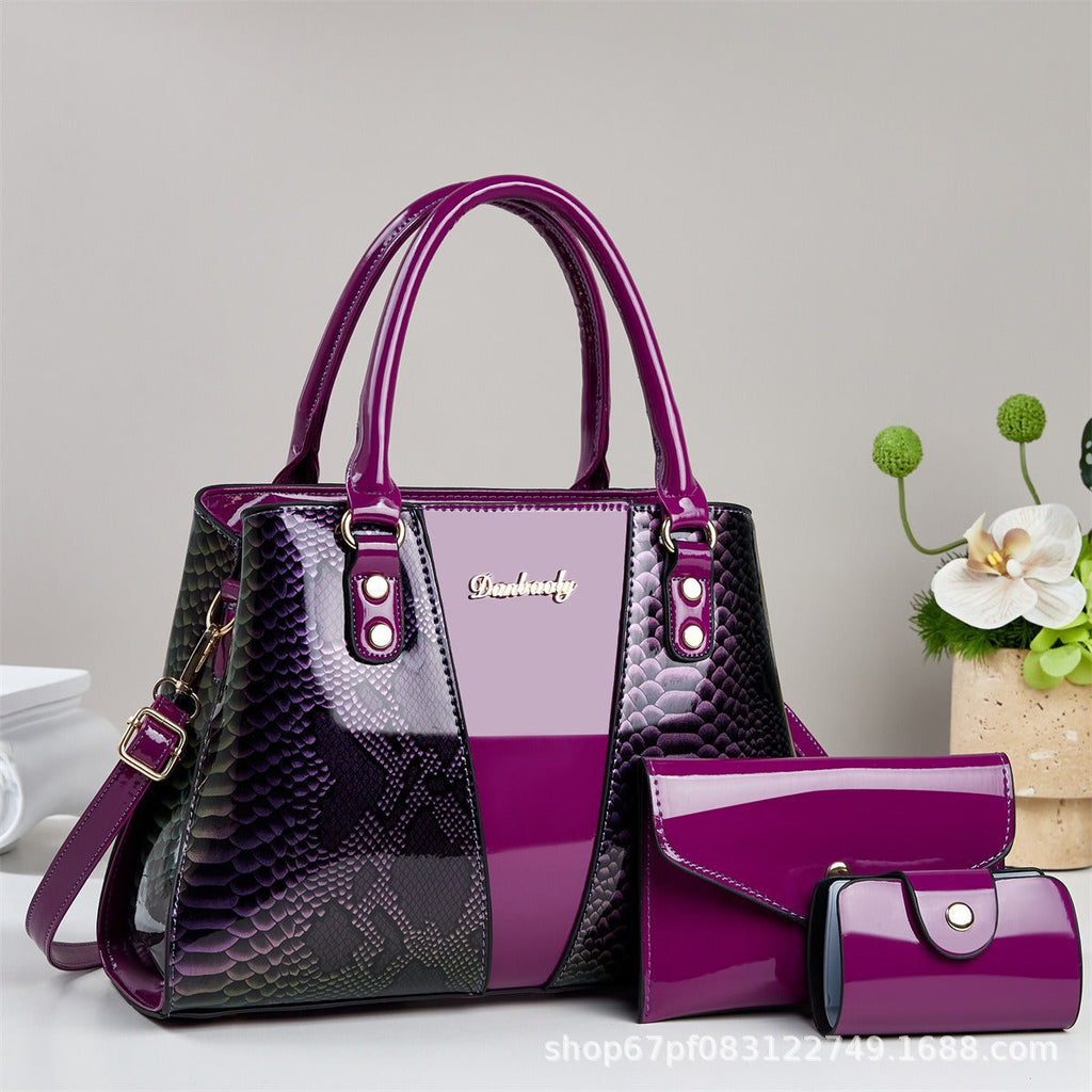 Women's Snakeskin Pattern Tote Handbag Set - 3-Piece Crossbody Shoulder Bag with Wallet