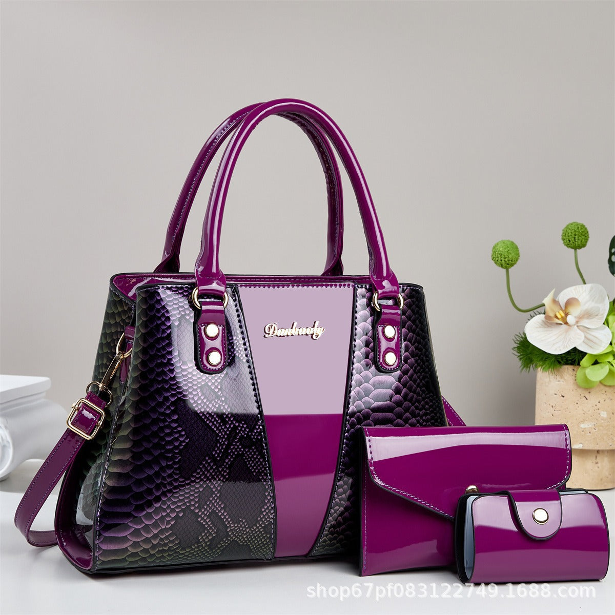 Women's Snakeskin Pattern Tote Handbag Set - 3-Piece Crossbody Shoulder Bag with Wallet