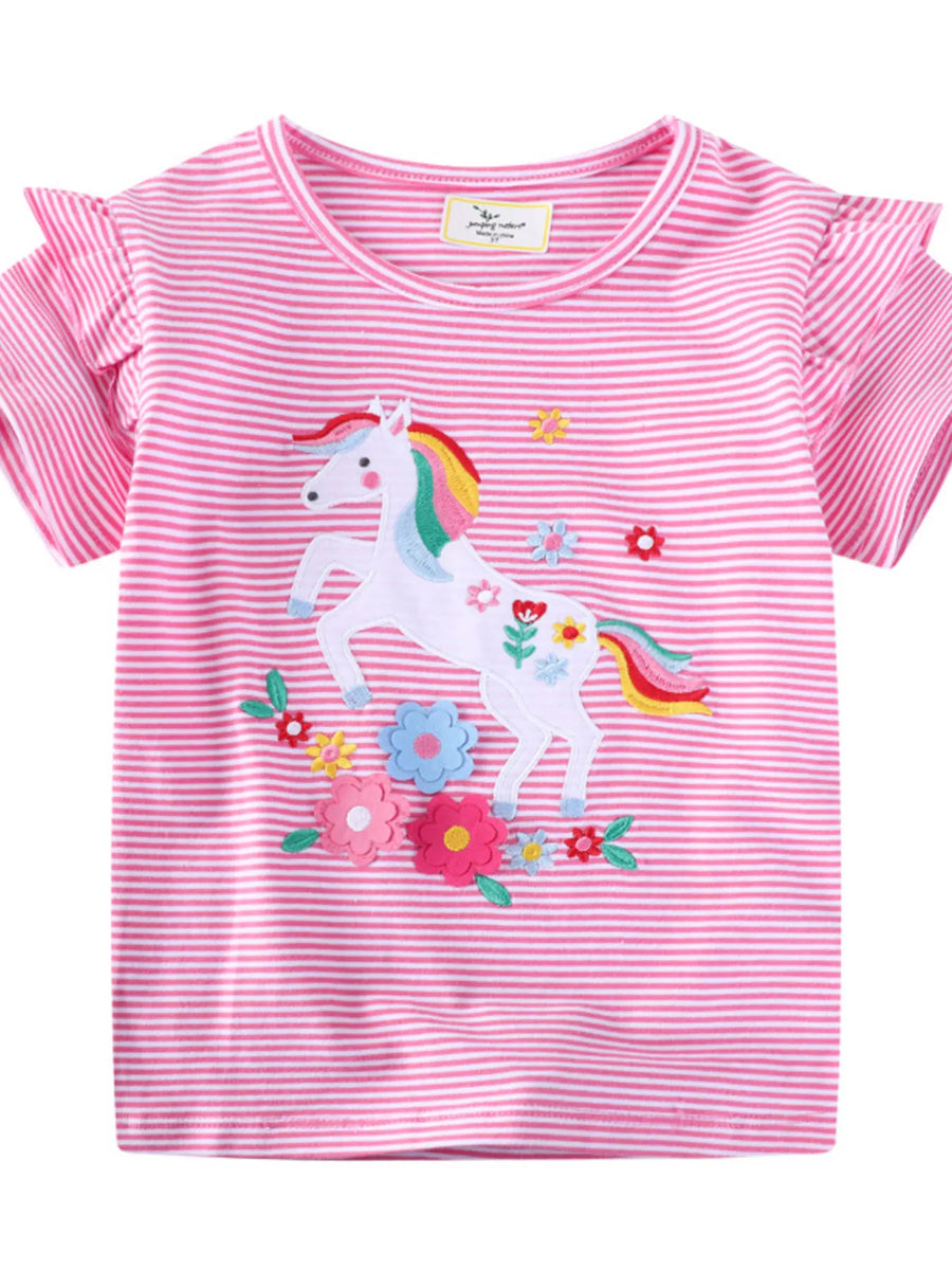 Girls' Unicorn Ruffle-Sleeve Striped T-Shirt — Pink