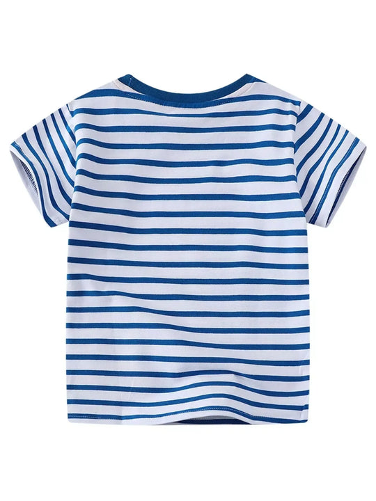 Another view: Kids’ Dinosaur Striped Cotton T-Shirt — Peacock Blue