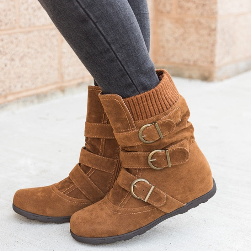 Women's Buckle Strap Winter Boots | Matte Round-Toe Flat Ankle Boots