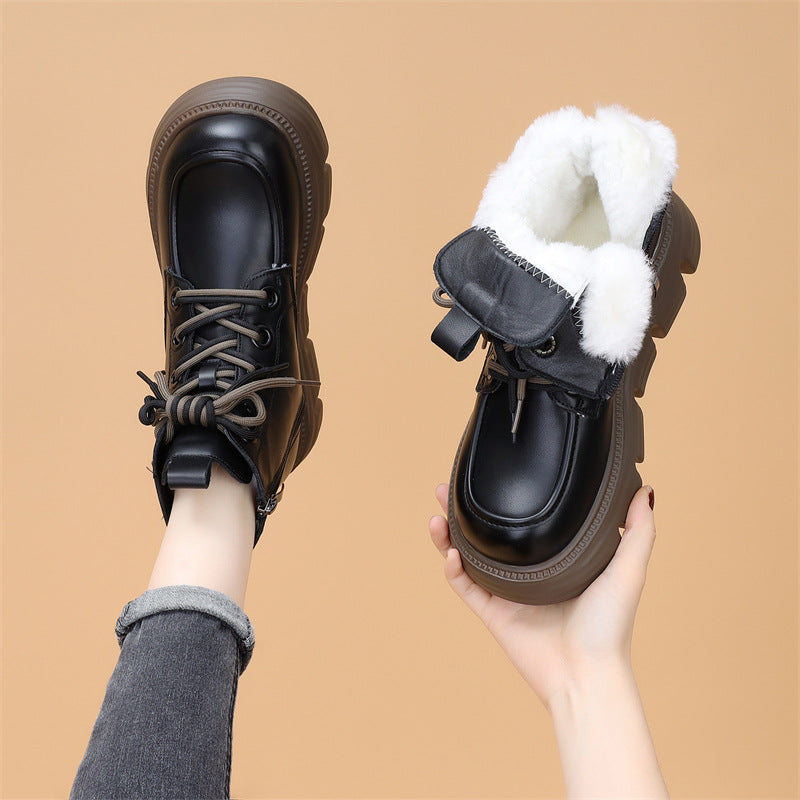 Women's Wool-Lined Waterproof Genuine Leather Winter Boots | Warm Mid-Heel Low Shaft Boots