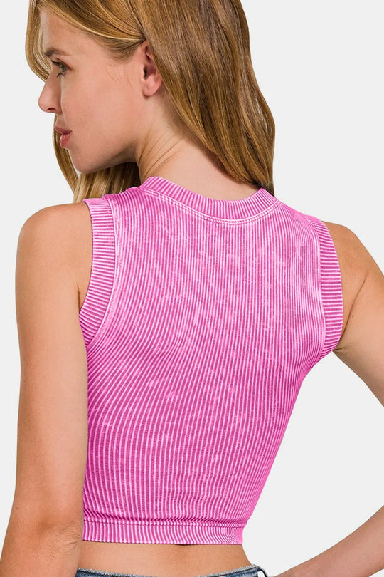 Another view: Washed Ribbed Seamless Crop Tank with Bra Pad