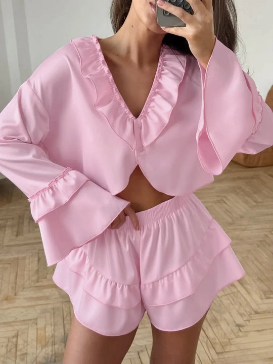 Another view: Ruffled V-Neck Top and Shorts Set