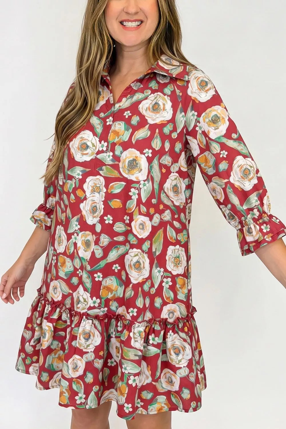 Rust Floral Button-Front Shift Dress