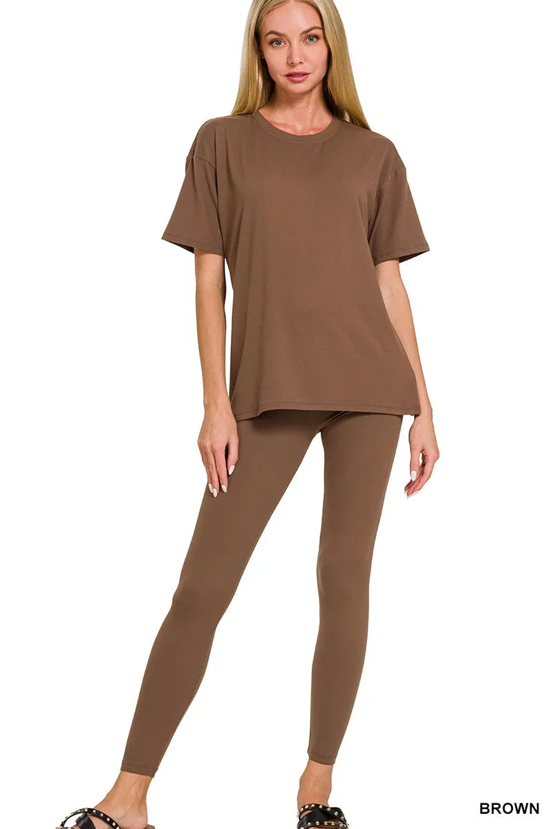 Brushed Dty Microfiber Short-Sleeve Top and Pants Loungewear Set Plus