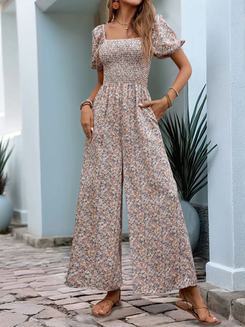 Valentina Ditsy Floral Smocked Square Neck Puff Sleeve Jumpsuit