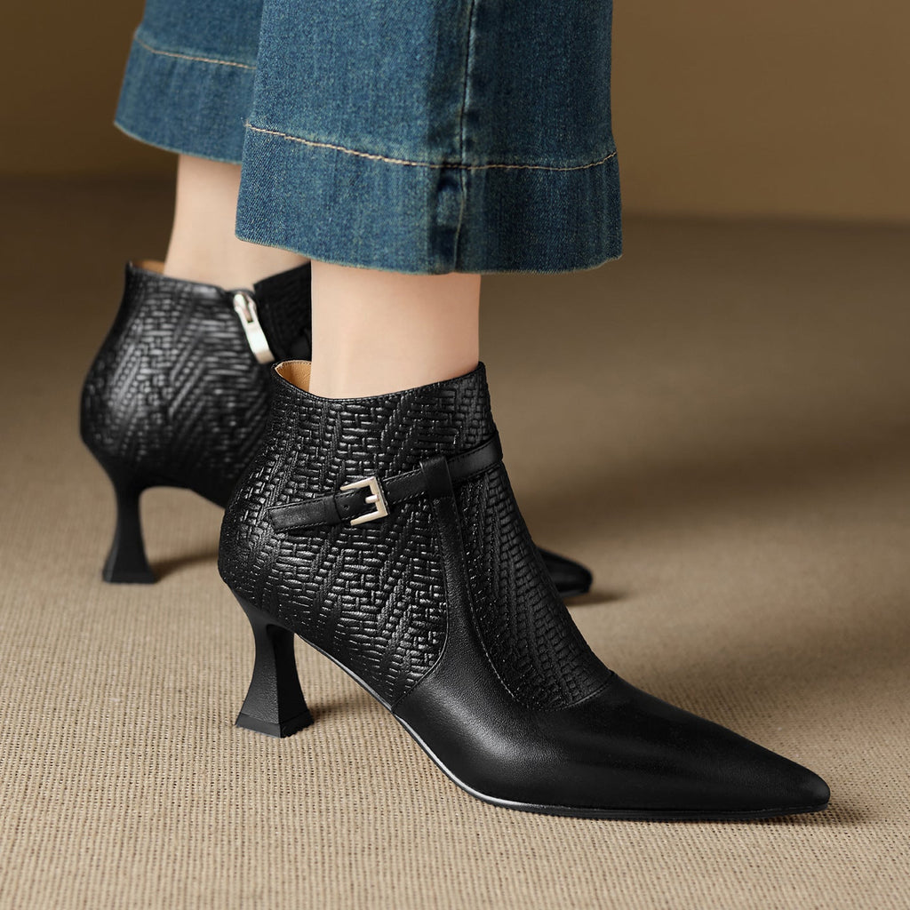 Women's Pointed Toe Chunky Heel Ankle Boots | Slip-On Leather Patchwork | Black & Brown