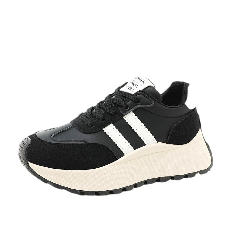 Women's Thick Soled PU Leather Color-Block Height Increasing Lace-Up Sneakers