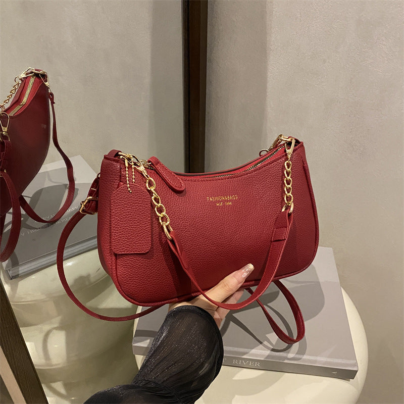 Solid Color Shoulder Bag with Zipper