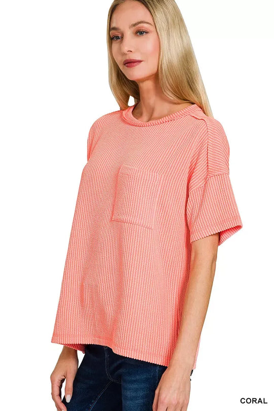 Another view: Raised Rib Exposed Seam Short Sleeve Top