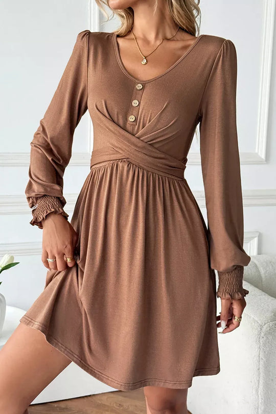 Another view: Shirred Cuff Long-Sleeve Button Round-Neck Mini Dress