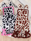 Children's cow-print ruffle jumpsuit with bow and pockets