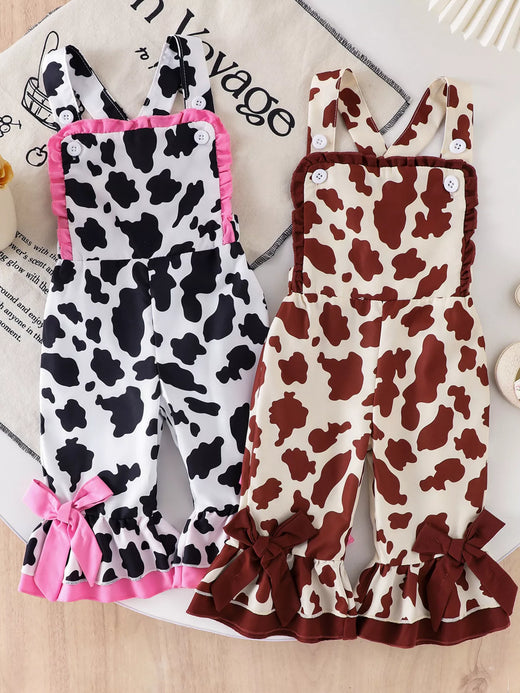 Children's cow-print ruffle jumpsuit with bow and pockets