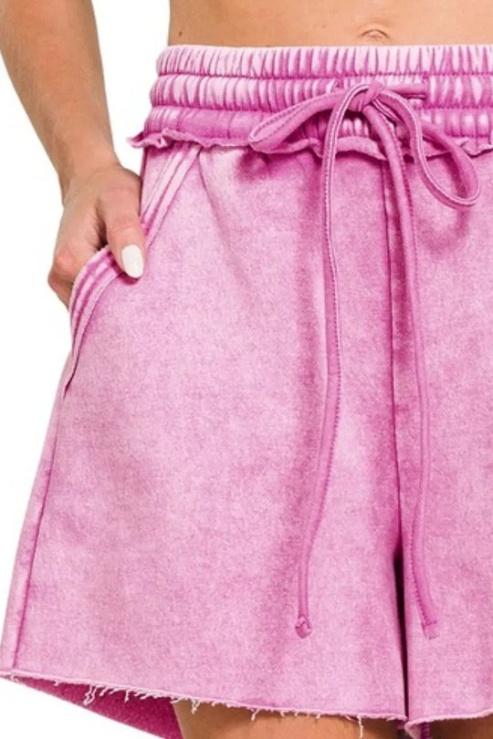 Another view: Acid Wash Fleece Drawstring Shorts with Pockets — MAUVE