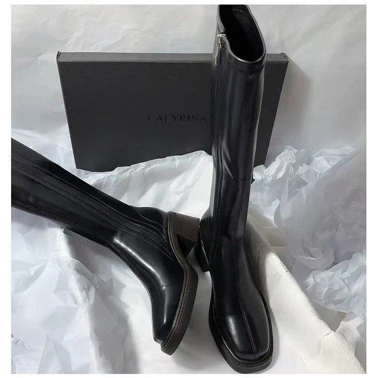Women's Square-Toe Over-the-Knee Boots | Chunky Heel Side Zipper | Brown & Black
