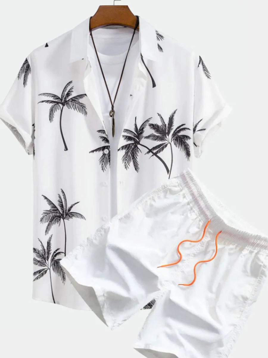 Men's Palm Tree Print Shirt and Shorts Set