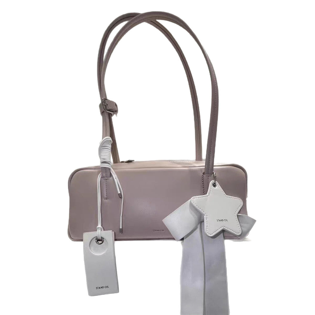 French Baguette Style PU Leather Underarm Tote Bag for Women - Elegant Horizontal Handbag with Lace Detail