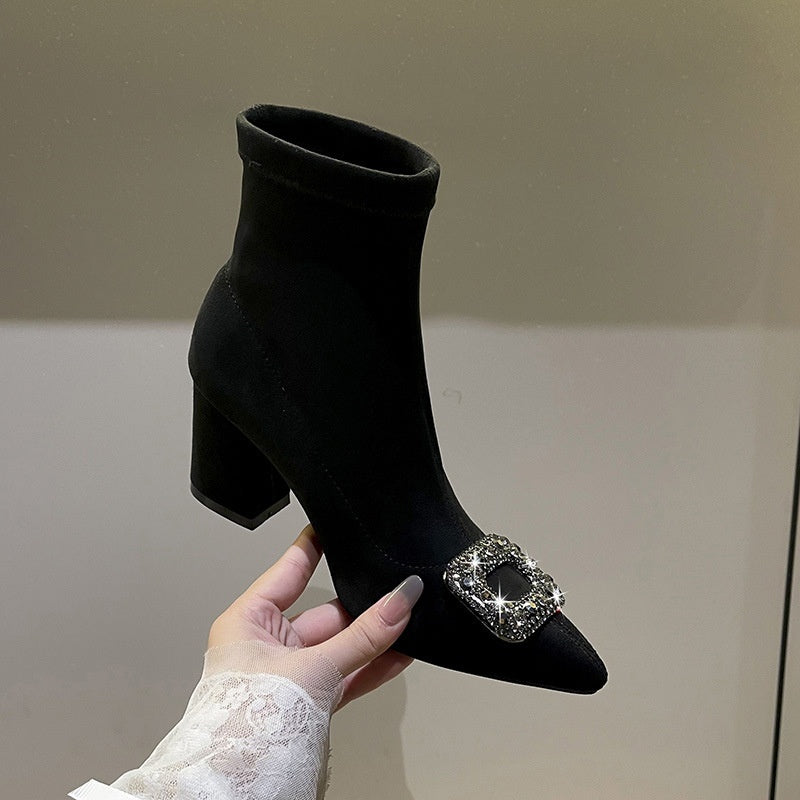 Women's Pointed-Toe Chunky Heel Ankle Boots | Suede Slip-On Block Heel Booties