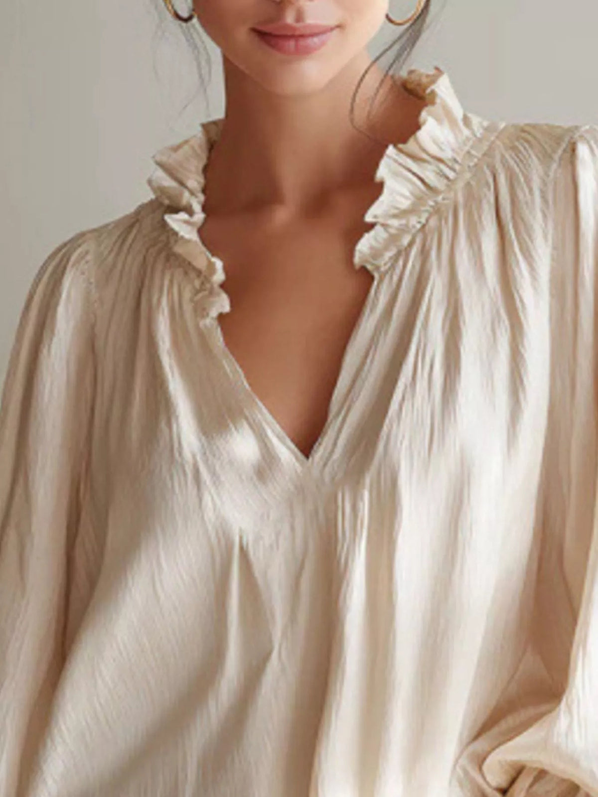 Frill-Trim Notched Long-Sleeve Blouse