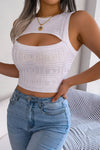 Geometric-knit sleeveless front-cutout crop top