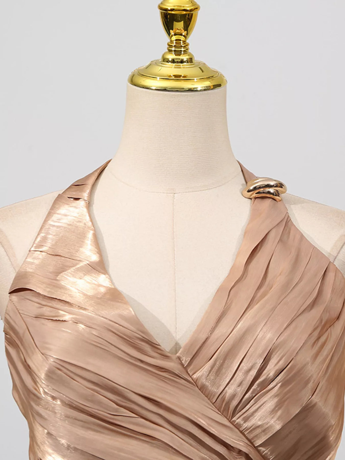 Champagne Ruched Halter-Neck Maxi Dress