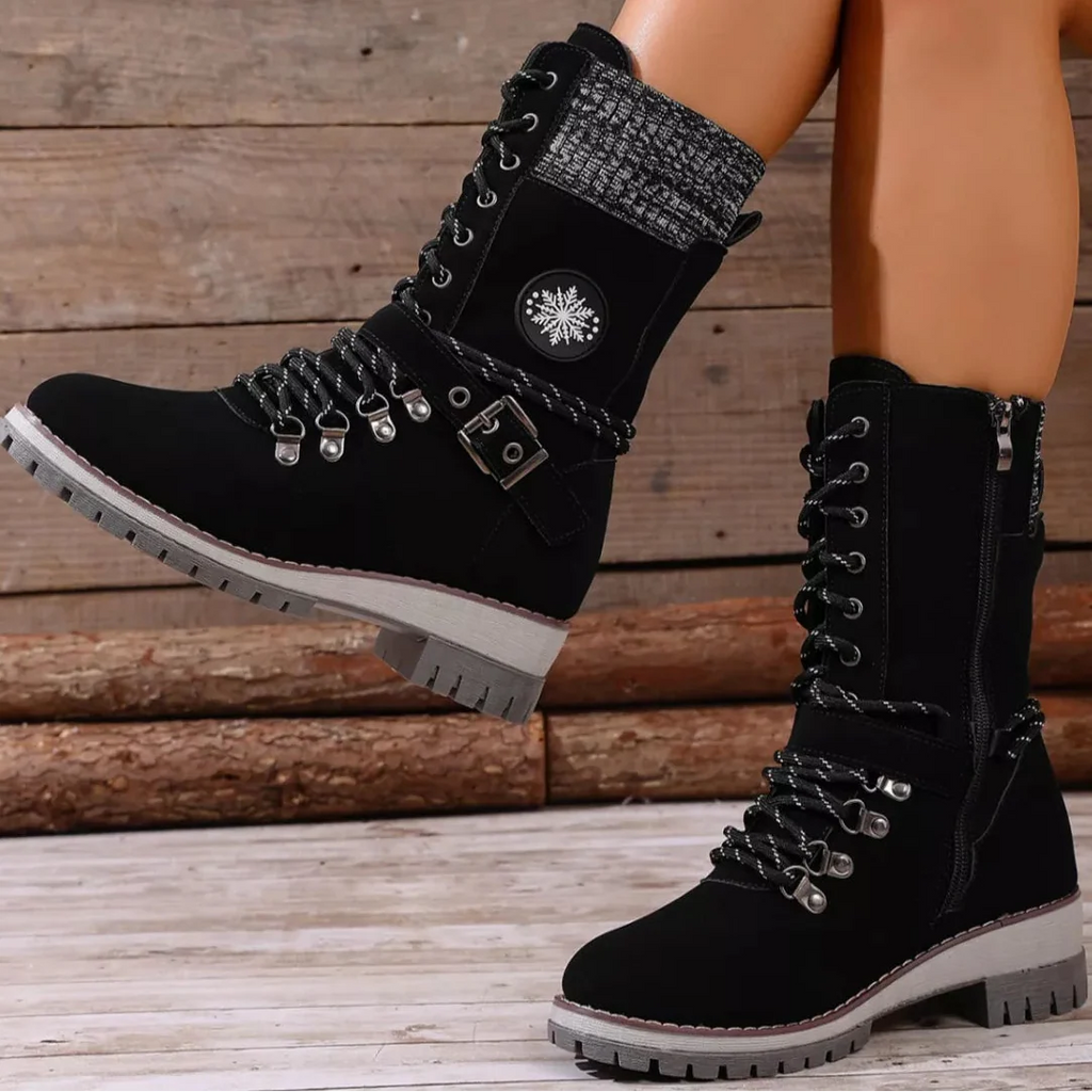 Women's Lace-Up Ankle Combat Boots – PU Leather Low Heel Military Style