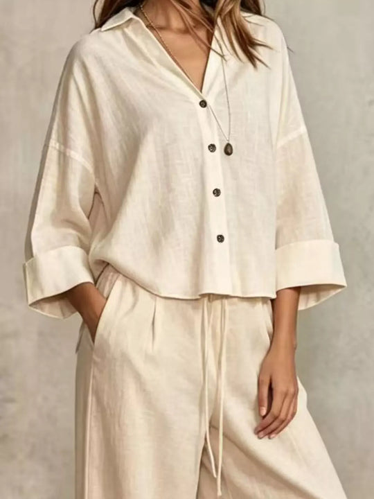 Another view: Women's Button-Down Shirt & Wide-Leg Pants Set