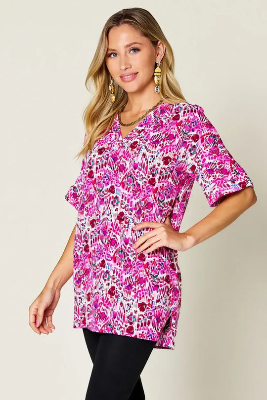 Another view: Printed V-Neck Short-Sleeve Blouse — Full Size