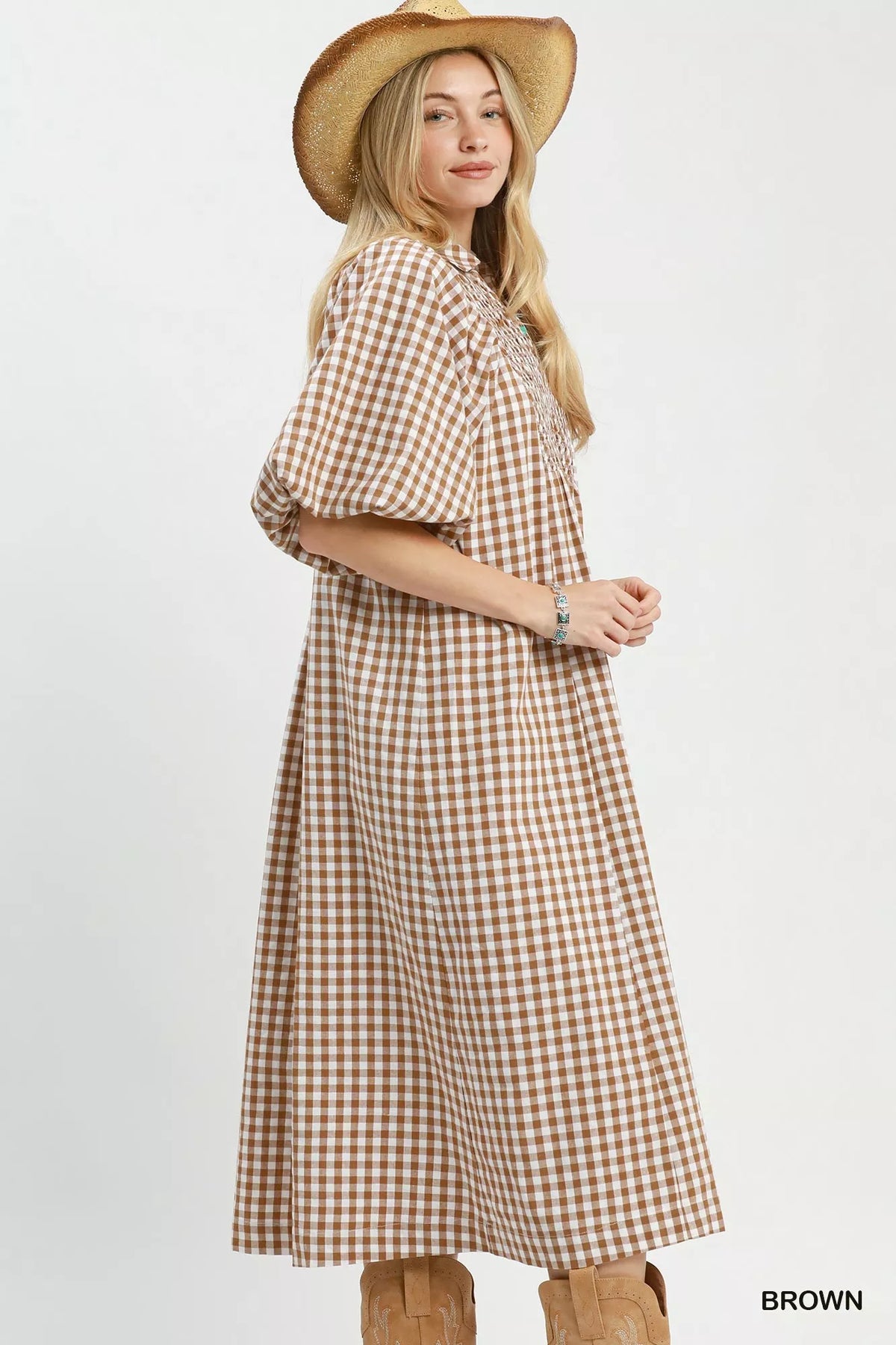 Umgee Brown Gingham Puff-Sleeve Midi Dress