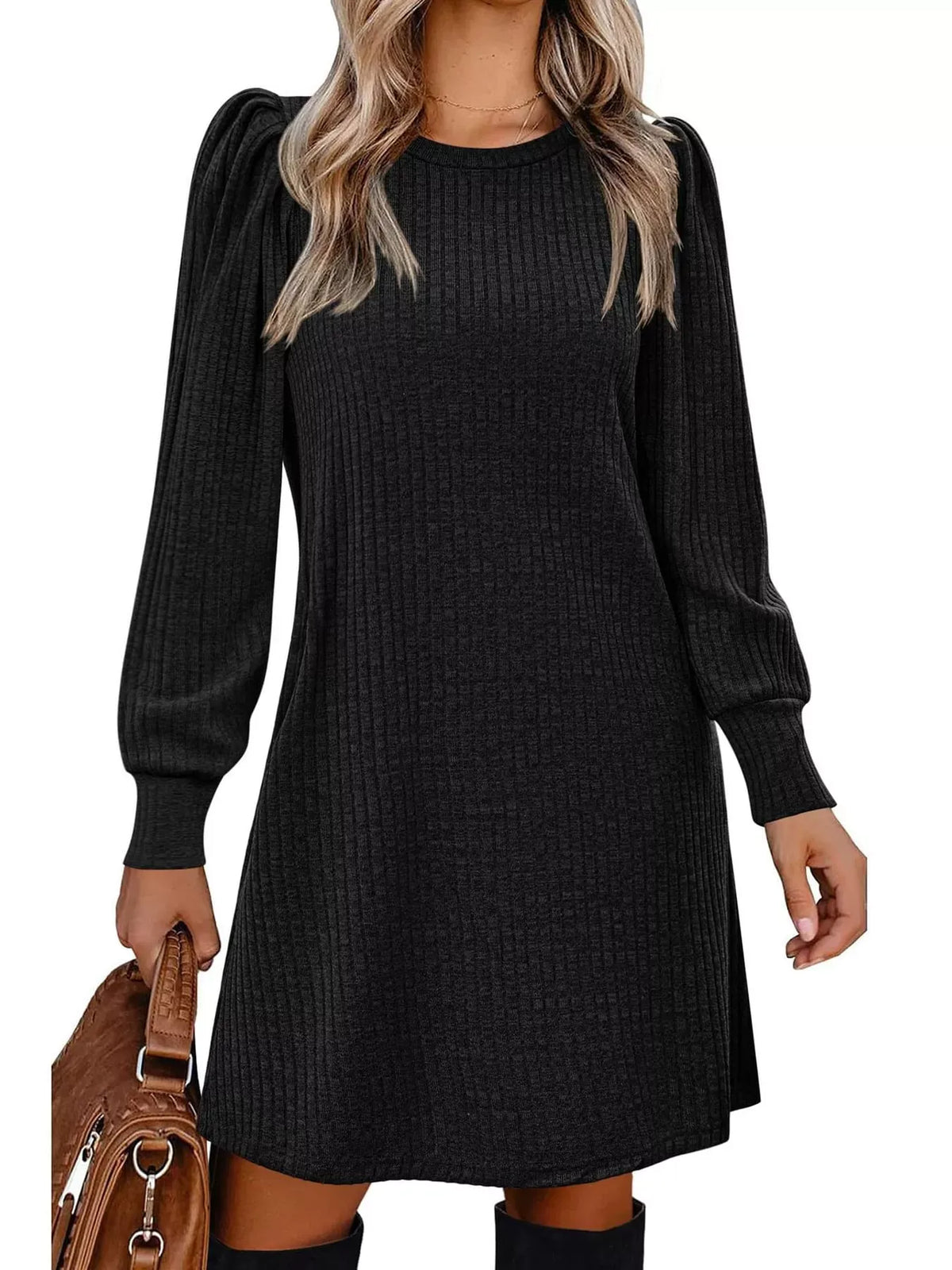 Puff-Sleeve Ribbed Knit Dress with Pockets — photo 7