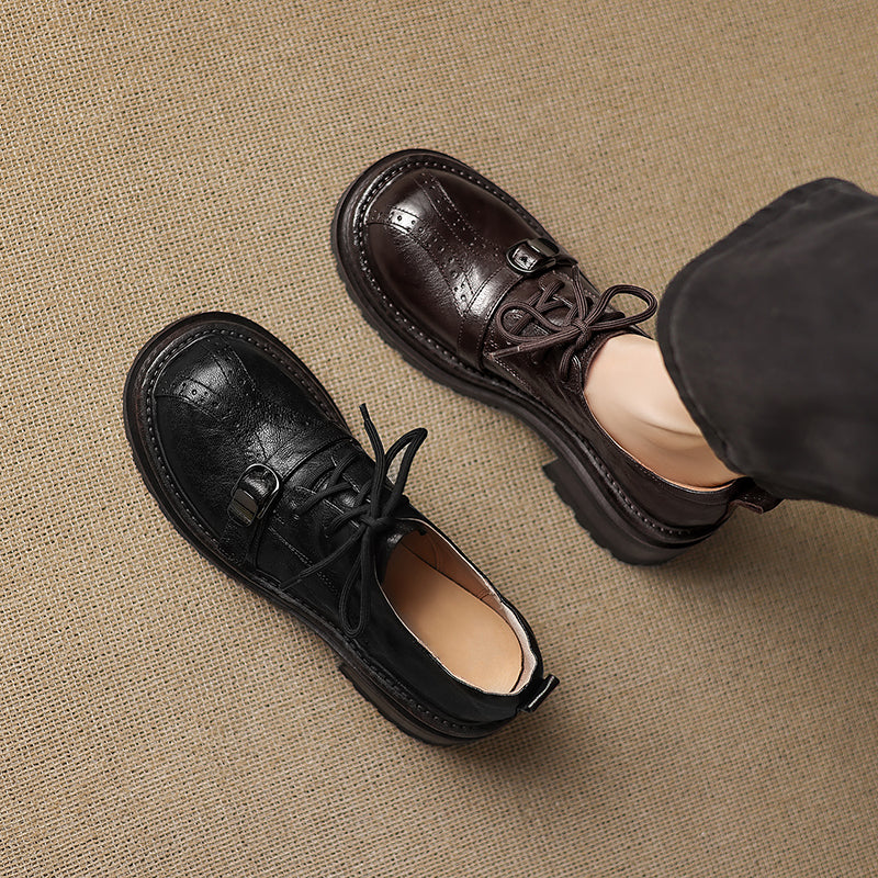 Women's Platform Oxford Shoes | Handmade Full-Grain Sheepskin Chunky Heel Lace-Up Brogues