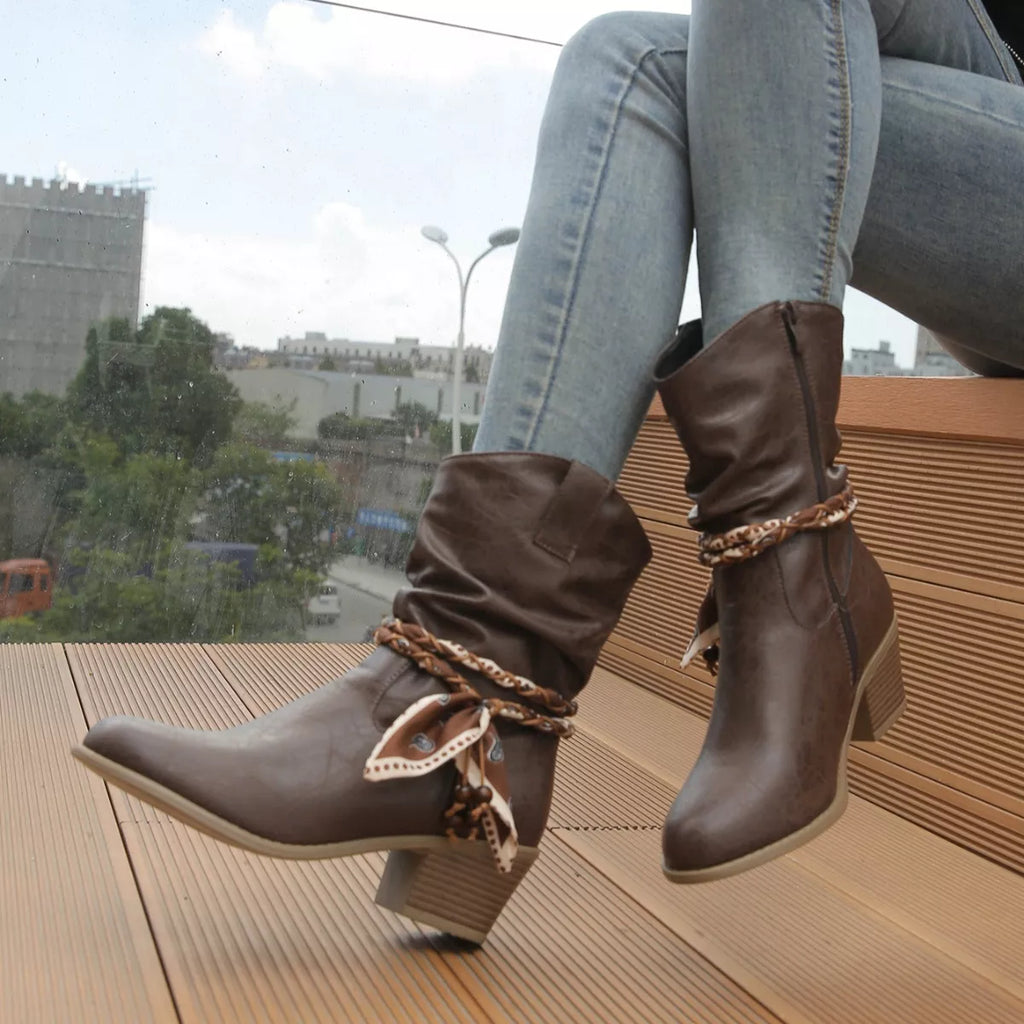 Women's Braided Detail Western Cowgirl Boots | Block Heel Ankle Boots | PU Leather