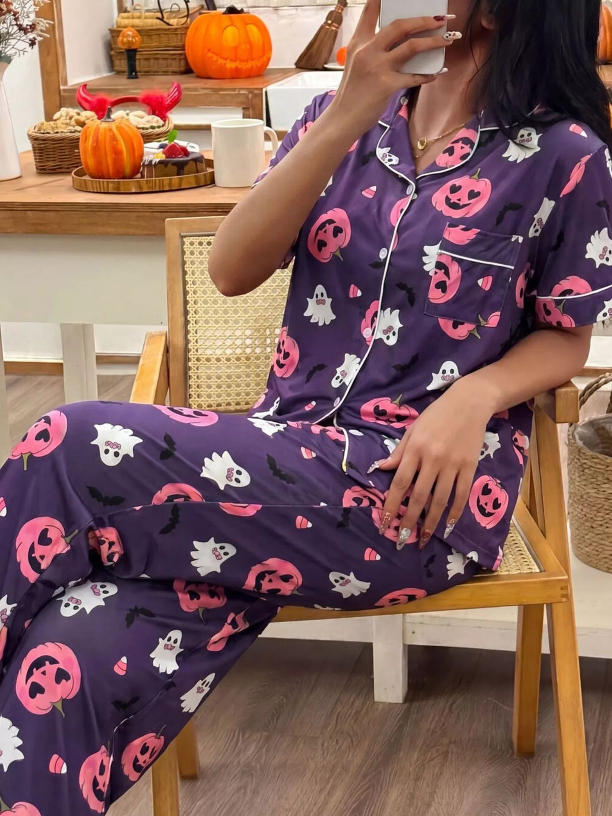 Pumpkin Print Button-Down Lounge Set