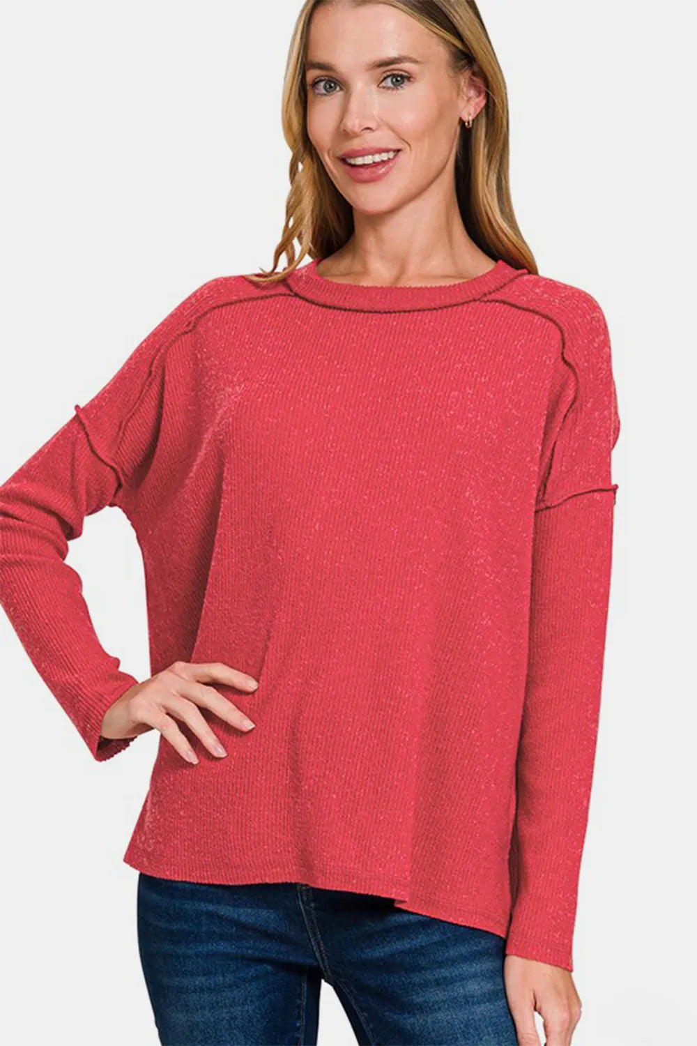 Curve Exposed Seam Brushed Round Neck Sweater — Red