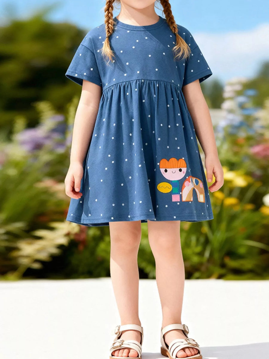 Girls' Polka-Dot Pocket Cotton Dress – Dark Blue