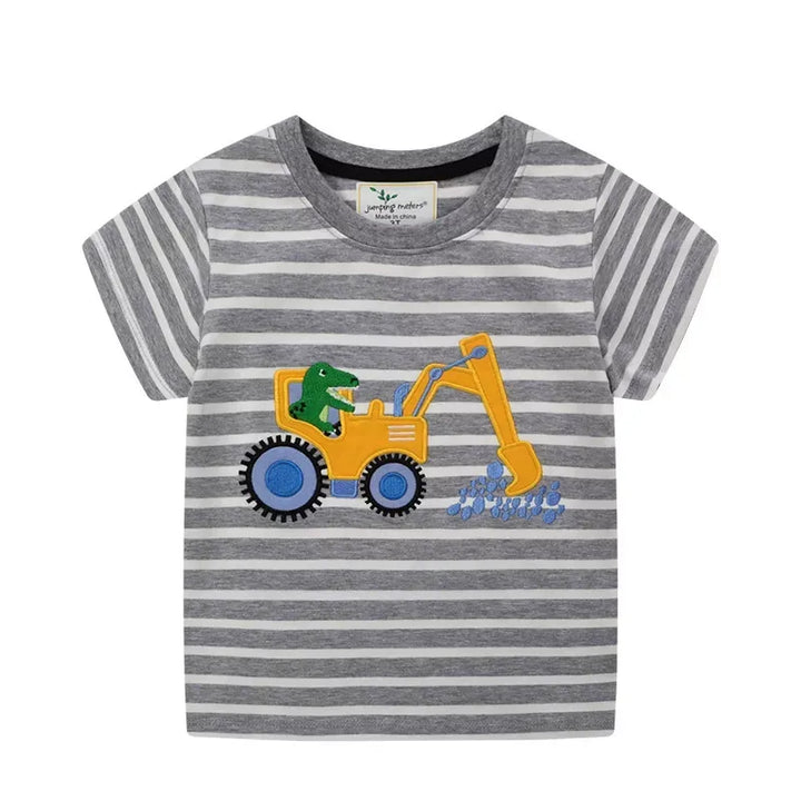 Kids' Striped Excavator Cotton T-Shirt – Dark Gray