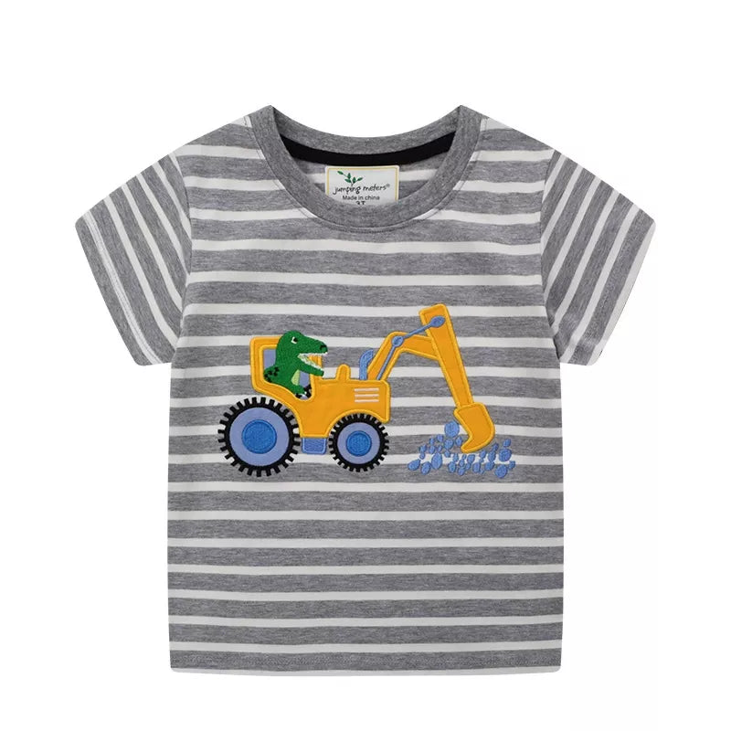 Kids' Striped Excavator Cotton T-Shirt – Dark Gray