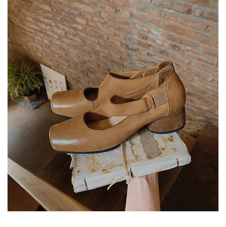 Women's Vintage Square-Toe Ballet Flats | Chunky Heel & Flat Sole Slip-On Shoes