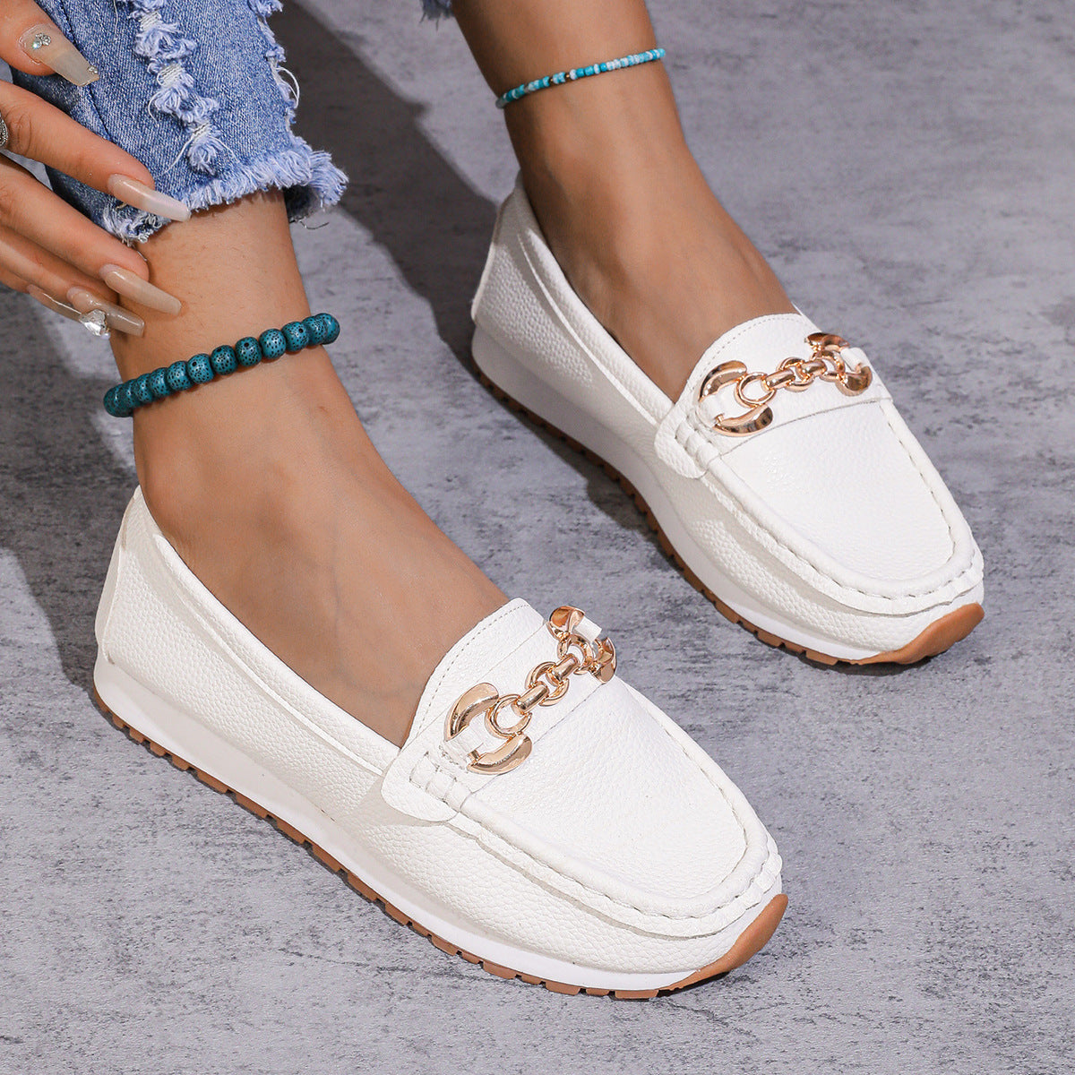 Women's Metal Chain Flat Slip-On Loafers | Breathable PU Preppy Flats