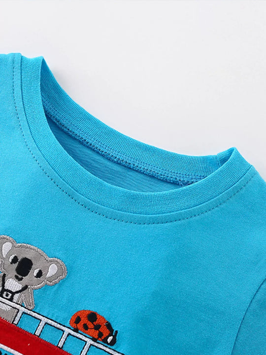 Another view: Kids' Embroidered Bus Cotton T-Shirt — Sky Blue