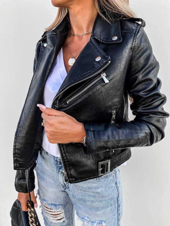 Zip-Up Leather Motorcycle Biker Jacket Plus