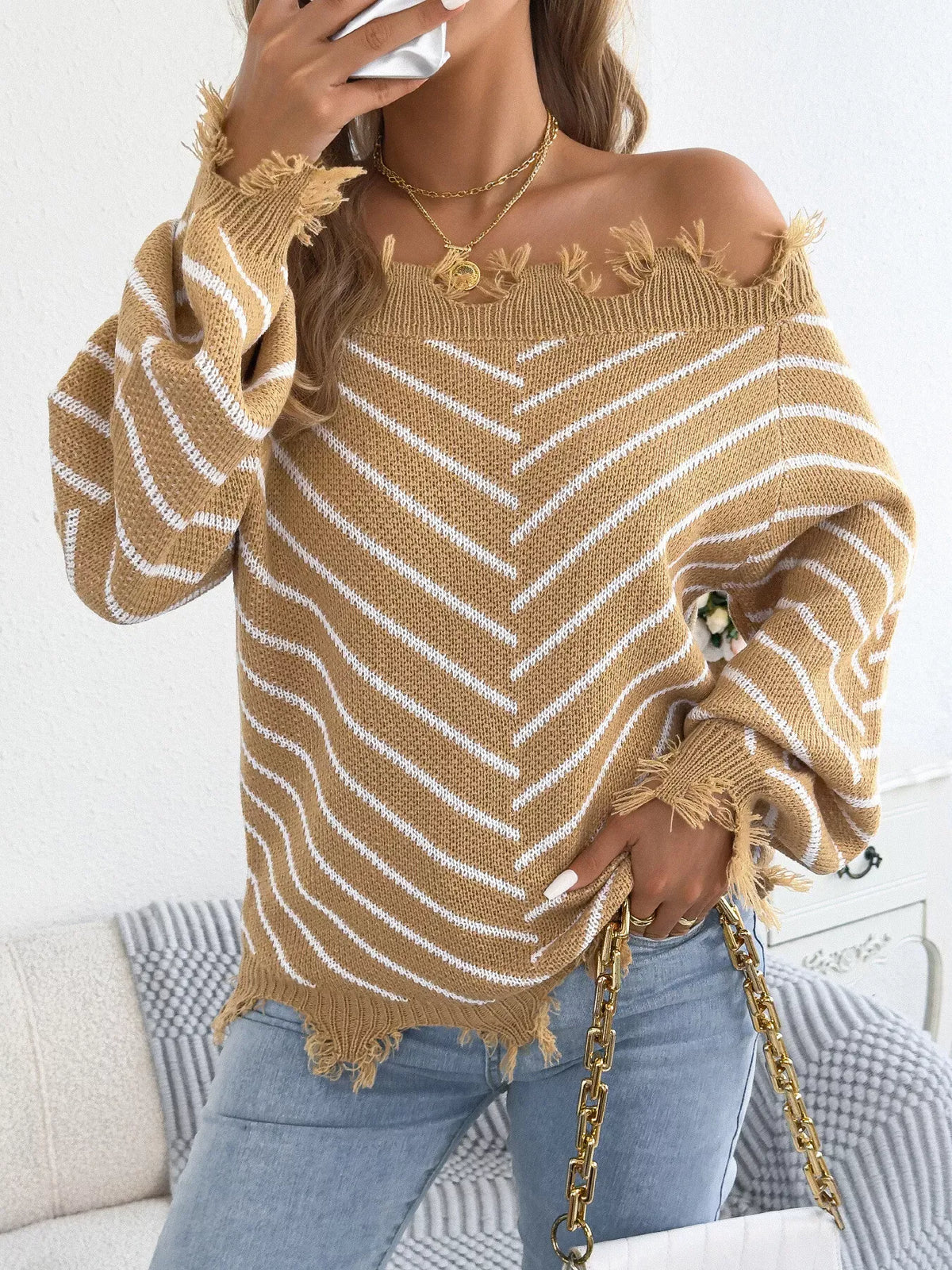 Women's Distressed Off-Shoulder Striped Sweater — photo 9