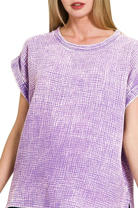 Another view: Woven Double Gauze Acid Washed Short Sleeve Top